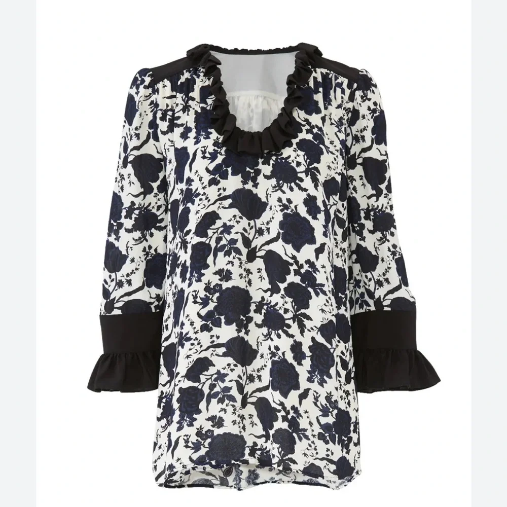 Tory Burch Floral Viscose and Silk Inky Blooms navy white Ruffle Blouse‎ M